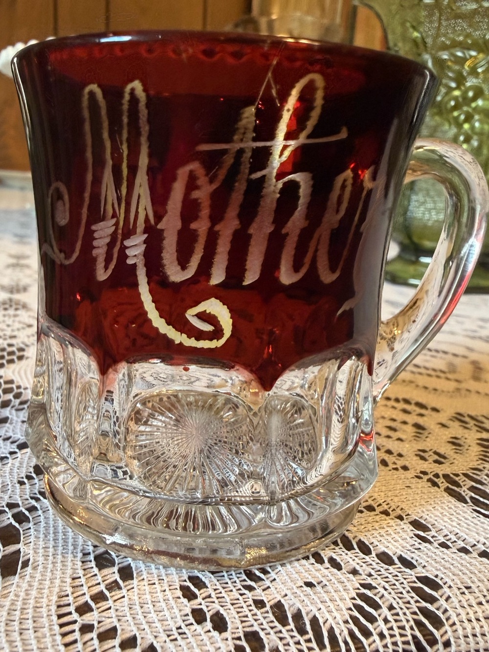 Vintage Collectible Ruby Red Mother Etched Glass Mug with Clear Handle